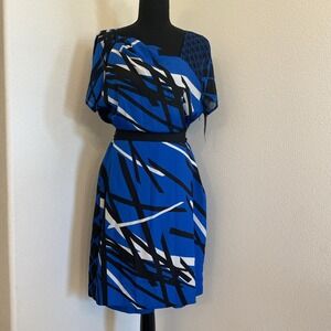 NWT NY&C Dress L Blue Black Artsy Abstract Funky Asymmetric Neck Knee Length